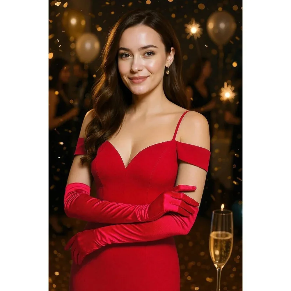 Women's Red Vintage Satin Long Gloves Party Costume Stretchy Elbow Length